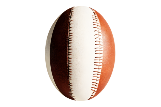 New rugby ball white, brown isolated on cut out PNG or transparent background. Rugby football Play on large stadium lawn. Sport that originated from school. Rugby union is popular sport all world.
