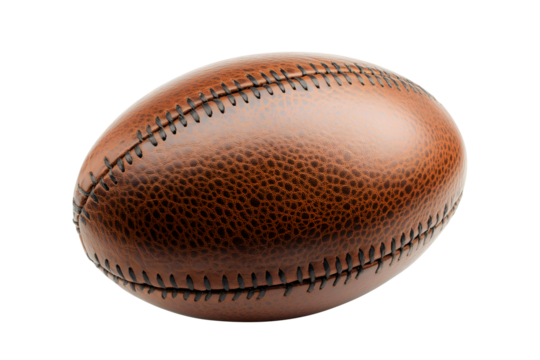 New rugby ball brown isolated on cut out PNG or transparent background. Rugby football Play on large stadium lawn. Sport that originated from school. Rugby union is popular sport all world.