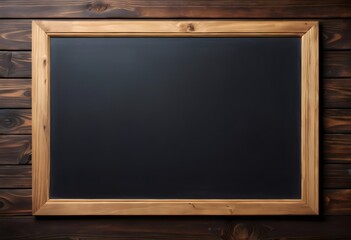 Blank blackboard with wooden frame hanging on a rustic wooden wall, providing copy space for educational or business concepts