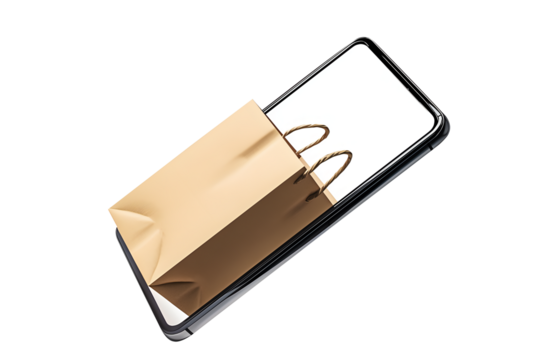 Online transportation in smartphone logistic concept. Paper bag cardboard package emerging from smartphone screen symbol isolated on cut out PNG or transparent background. Delivery shopping e-commerce