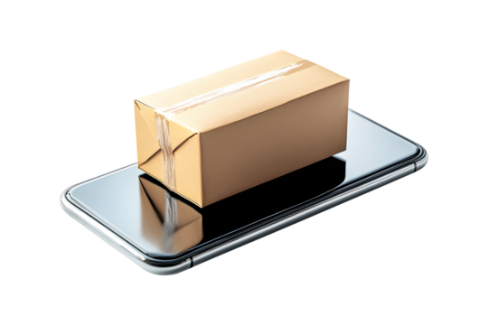 Online transportation in smartphone logistic concept isolated on cut out PNG or transparent background. Delivery, shopping, e-commerce. Box cardboard package emerging from smartphone screen symbol.