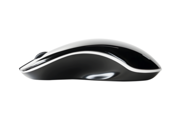 Black wireless computer mouse isolated on cut out PNG or transparent background. Modern design highlights smooth curves and minimalistic buttons. Show stylish appearance.