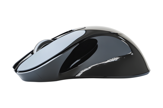 Black wireless computer mouse isolated on cut out PNG or transparent background. Modern design highlights smooth curves and minimalistic buttons. Wireless technology for computers