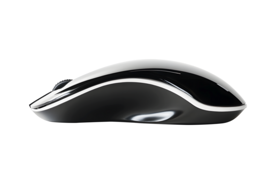 Black wireless computer mouse isolated on cut out PNG or transparent background. Modern design highlights smooth curves and minimalistic buttons. Show stylish appearance.