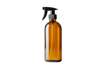 Blank plastic clear brown spray bottle tall isolated on cut out PNG or transparent background. Fill mineral water spray for face, deodorant spray or body spray. Cleaning agent hand hygiene liquid soap