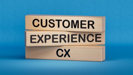 Customer Experience concept, cube wooden block with alphabet CX, important of user centric in recent world business, product.3D rendering on blue background.