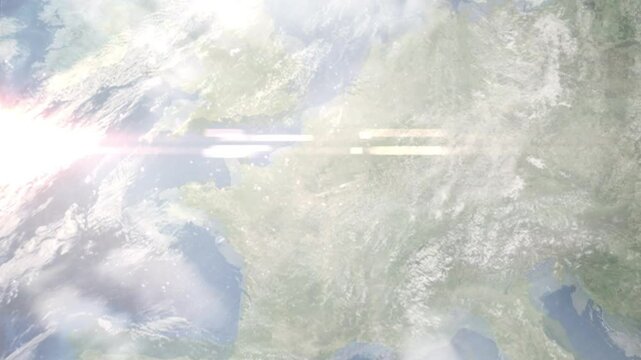 Earth zoom in from space and focus on Drancy, France. Background for travel blog or intro. Satellite view. 3D style animation. Images from NASA.