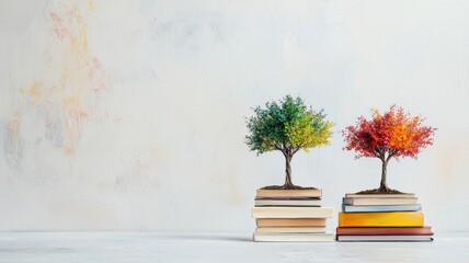 Fototapeta premium Colorful trees on stacked books symbolizing growth and knowledge.