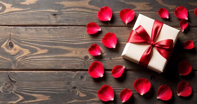 Gift Box and Rose Petals on Rustic Wooden Surface with Negative Space