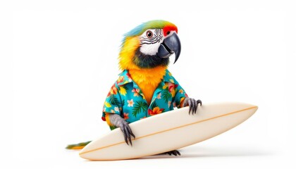 Macaw Parrot Surfer in Hawaiian Shirt on Surfboard