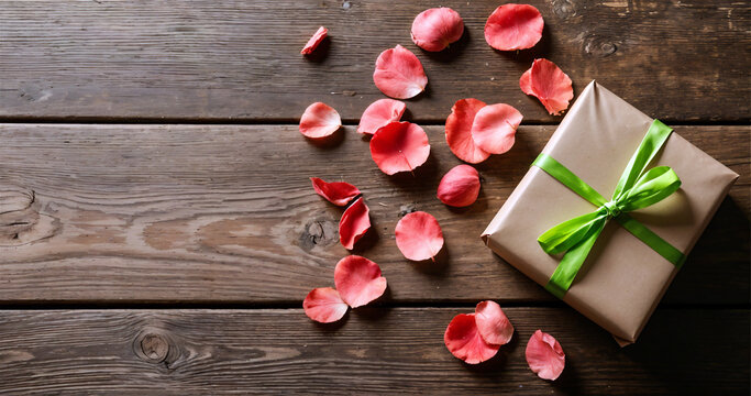 Elegant Gift Box Wrapped in Paper with Scattered Rose Petals