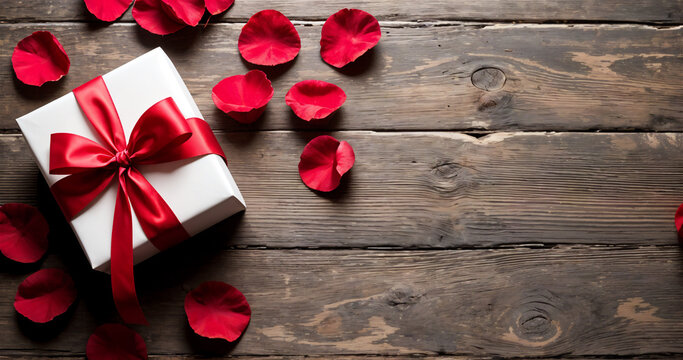 Gift Box Wrapped in Paper with Rose Petals on Wooden Surface