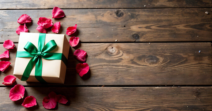 Gift Box with Ribbon on Wooden Surface and Rose Petals
