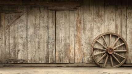 Obraz premium Rustic Wooden Wheel Against Weathered Barn Wall