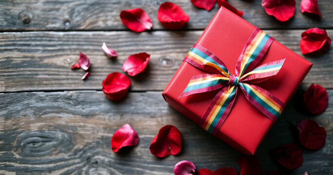 Cozy Gift Box with Rose Petals Leading to It on Wooden Table