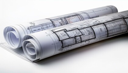 Architectural blueprints rolled up on a table