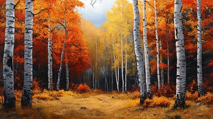 Fototapeta premium Vibrant autumn forest with colorful trees and a serene pathway.
