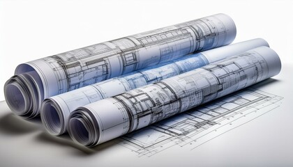 Architectural blueprints rolled and displayed.