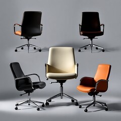 Five office chairs in various colors and configurations.