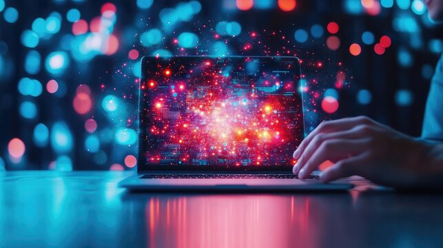 Businesswoman Using Laptop with Holographic Stock Market Graphs