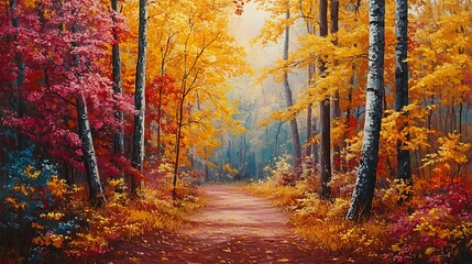 Fototapeta premium Vibrant autumn forest path with colorful foliage and serene atmosphere.