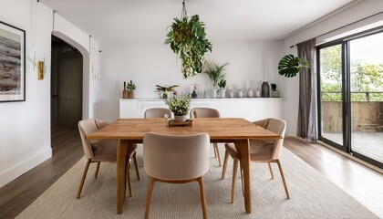 Fototapeta premium Modern dining room with wooden table, beige chairs, and hanging plants.