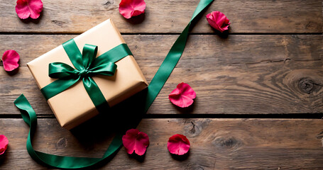 Fototapeta premium Beautifully Wrapped Gift Box with Rose Petals and Natural Lighting
