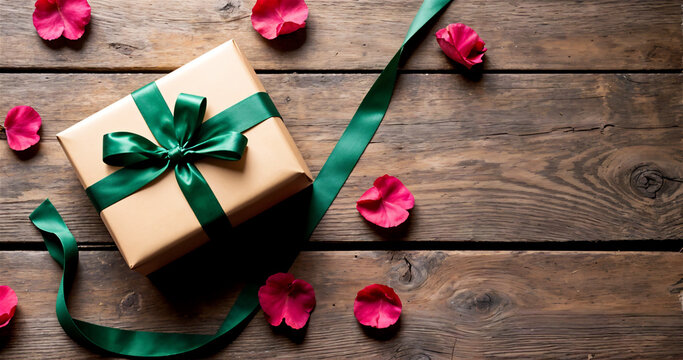Beautifully Wrapped Gift Box with Rose Petals and Natural Lighting