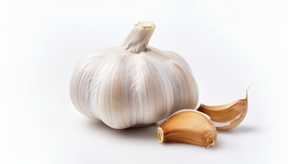 A bulb of garlic and two cloves on a white background.