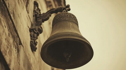 Obraz premium Aged Metal Bell on Weathered Stone Wall