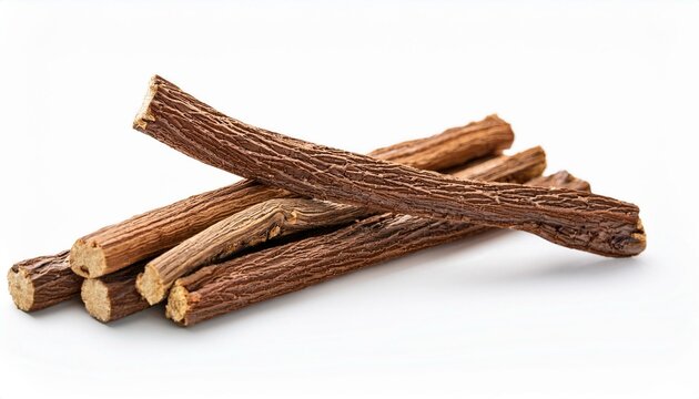 Licorice root pieces on white background.