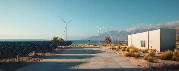 Sustainable energy site with wind turbines and solar panels.