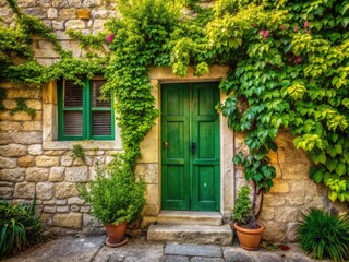 Supetar Croatia Cottage, Green Door, Stone Wall, Climbing Plants, Herbs, Cozy Atmosphere, High Depth of Field Photography