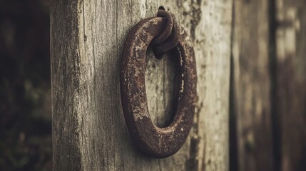 Rustic Aged Metal Ring on Weathered Wooden Gate