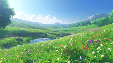 Vast green meadows landscape anime style