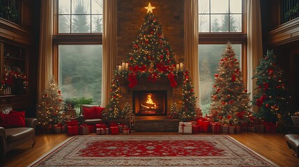 Fototapeta premium Cozy Christmas living room fireplace scene