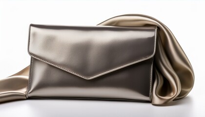 Naklejka premium Elegant metallic clutch purse rests on a silk scarf.