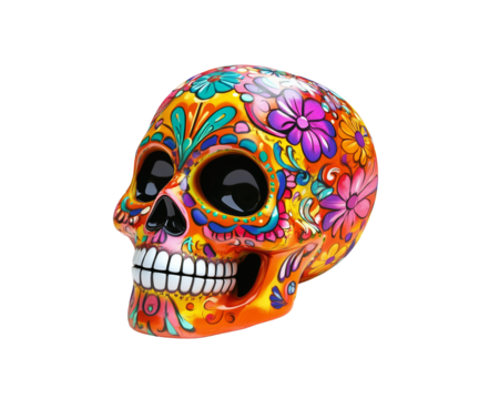 Mexican skull with floral pattern drawing isolated isolated on white background