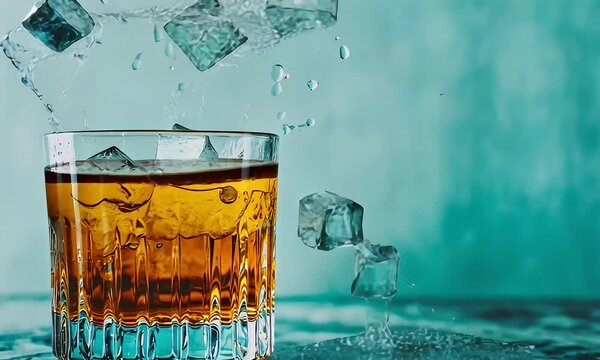 Whiskey ice cubes splash, teal background, drinks photography, bar advertisement