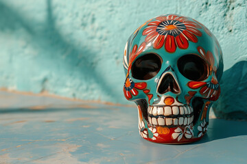 Mexican skull with floral pattern drawing isolated on turquoise background