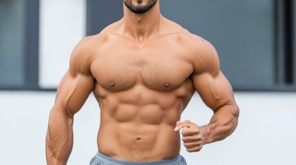 Fototapeta premium Athletic Man in Grey Shorts Running with a Confident Expression