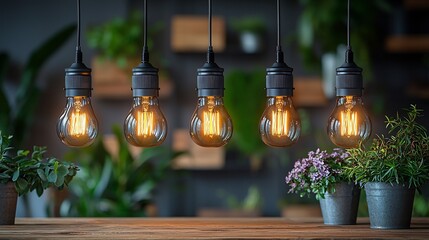 Obraz premium Rustic pendant light with Edison bulbs hanging above a wooden dining table casting warm focused light