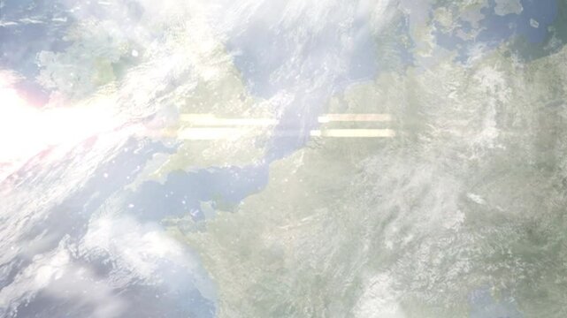 Earth zoom in from space and focus on Dunkerque, France. Background for travel blog or intro. Satellite view. 3D style animation. Images from NASA.