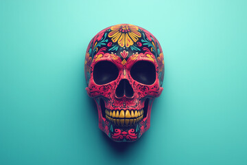 Mexican skull with floral pattern drawing isolated on turquoise background