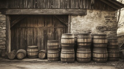 Rustic wooden barrels outside an old stone barn
