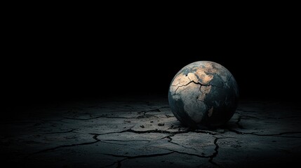 A cracked Earth globe on a barren surface, symbolizing environmental degradation.