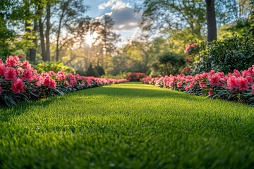 Obraz premium Beautiful colorful rhododendron garden in spring with green grass and trees, wide-angle view, high-resolution photography.