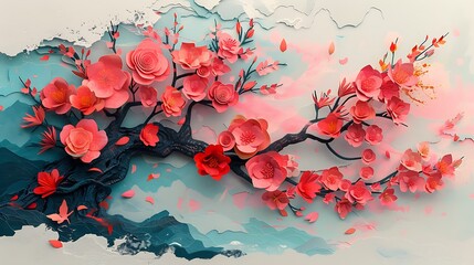 Paper art cherry blossoms, mountain backdrop, spring scene, home decor