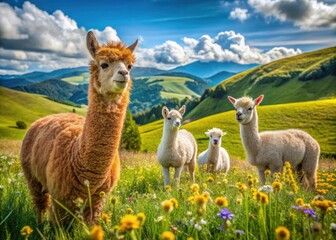 Fototapeta premium Adorable Alpacas Grazing on Farmland: Stunning Landscape Photography