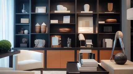 A Contemporary Room with Sleek Shelves for Stylish Display and Organization
